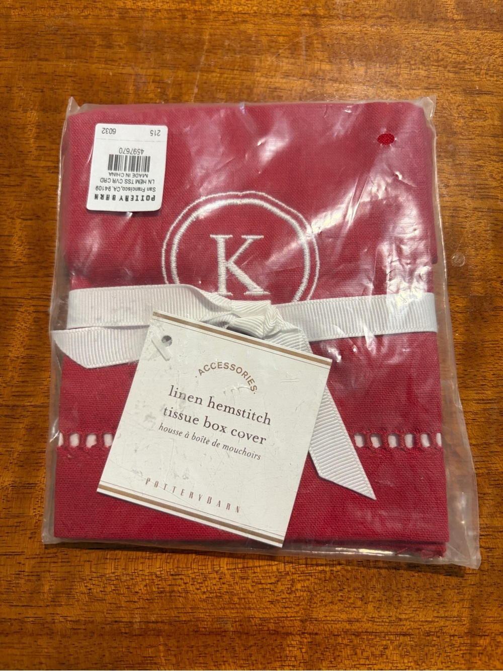 Pottery Barn Red Linen Hemstitch Tissue Box Cover with White Ribbon and Monogram